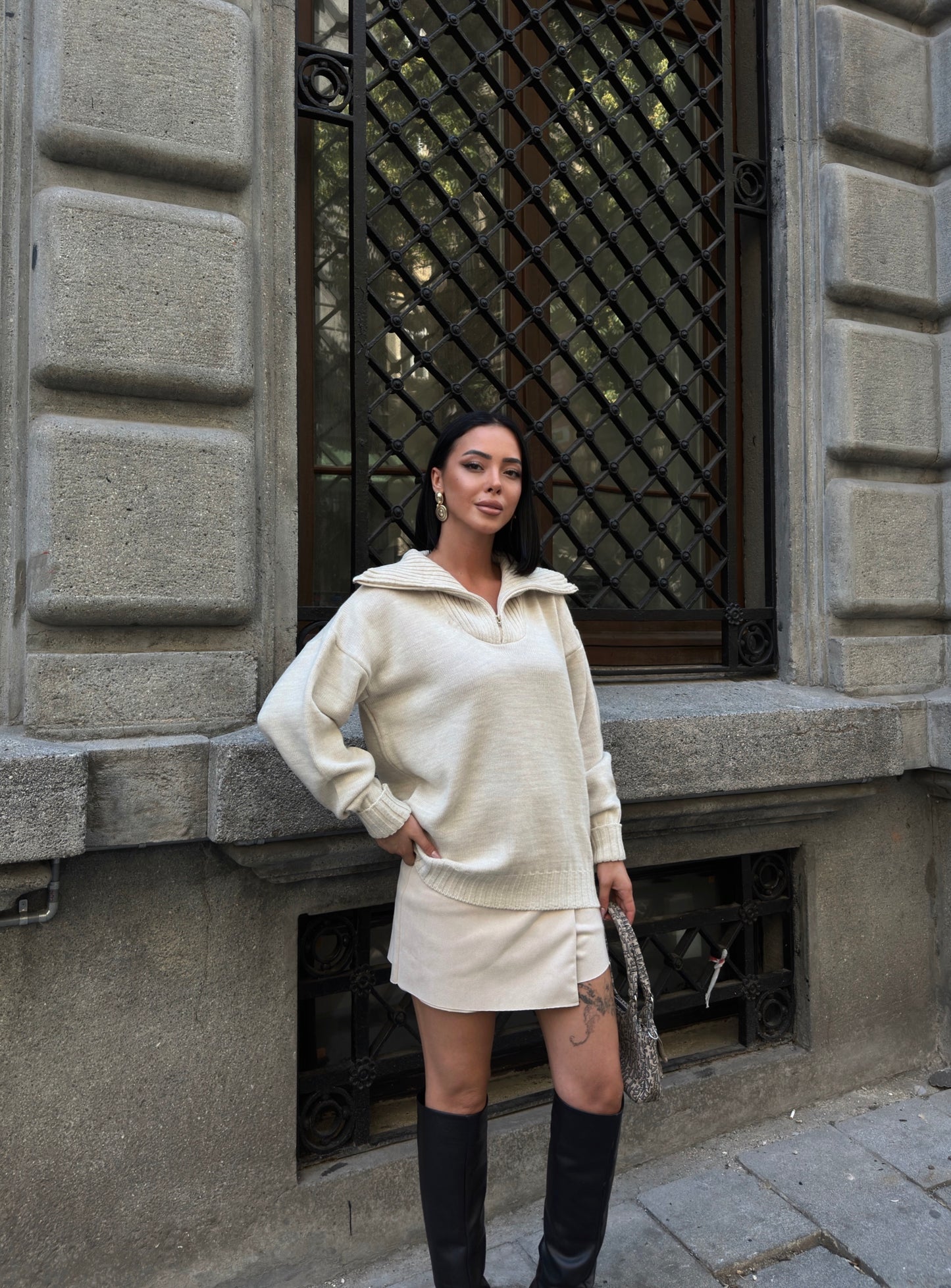 Cream Half-Zip Knit Sweater