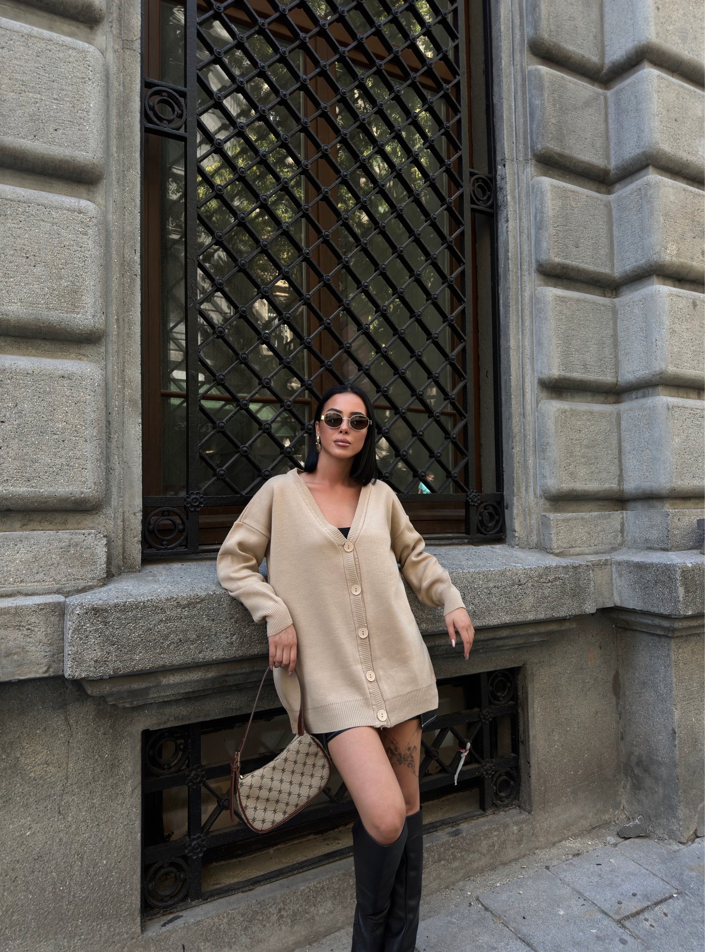 Beige Button-Up Knit Cardigan