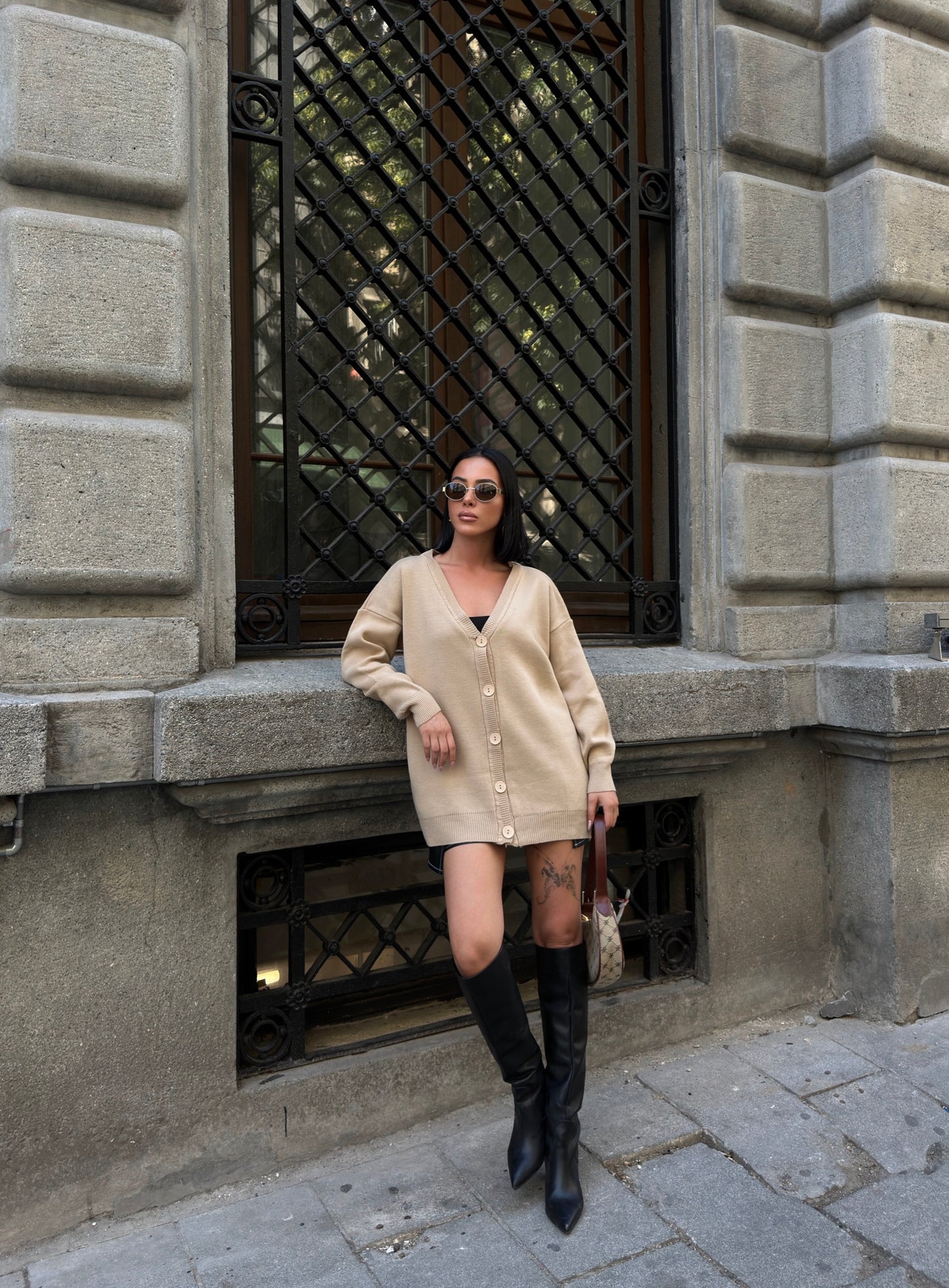 Beige Button-Up Knit Cardigan