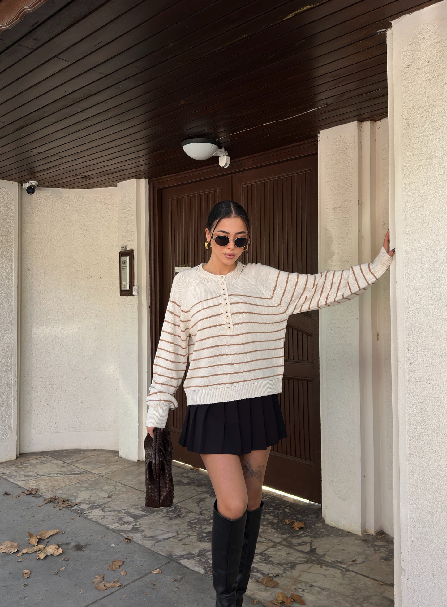 Beige Light Brown Striped Knit Sweater, Oversized Acrylic Button-Up Pullover