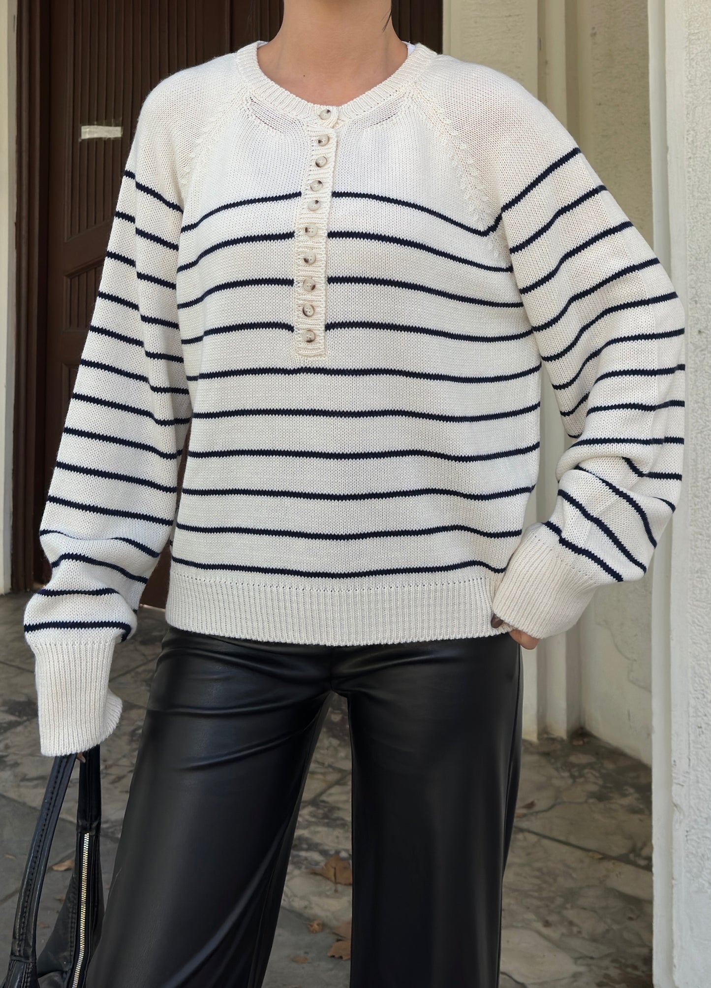 Beige Navy Striped Knit Sweater, Oversized Acrylic Button-Up Pullover
