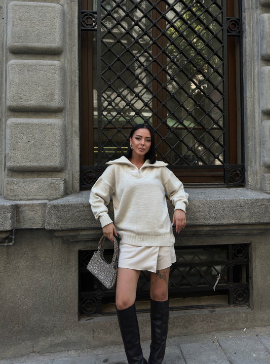 Cream Half-Zip Knit Sweater