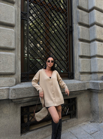 Beige Button-Up Knit Cardigan