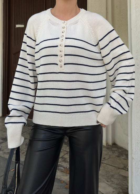 Beige  Navy Striped Knit Sweater, Oversized Acrylic Button-Up Pullover