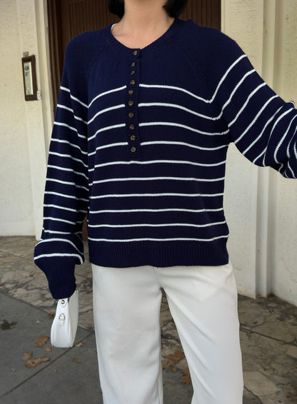 Navy Striped Knit Sweater, Oversized Acrylic Button-Up Pullover