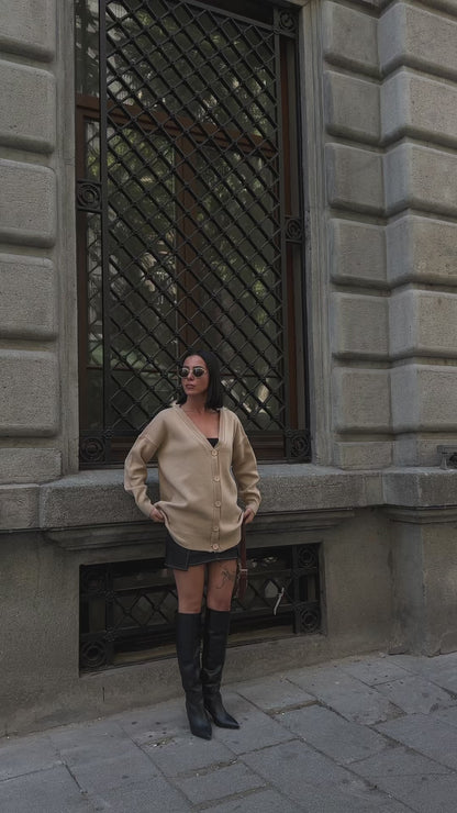 Beige Button-Up Knit Cardigan