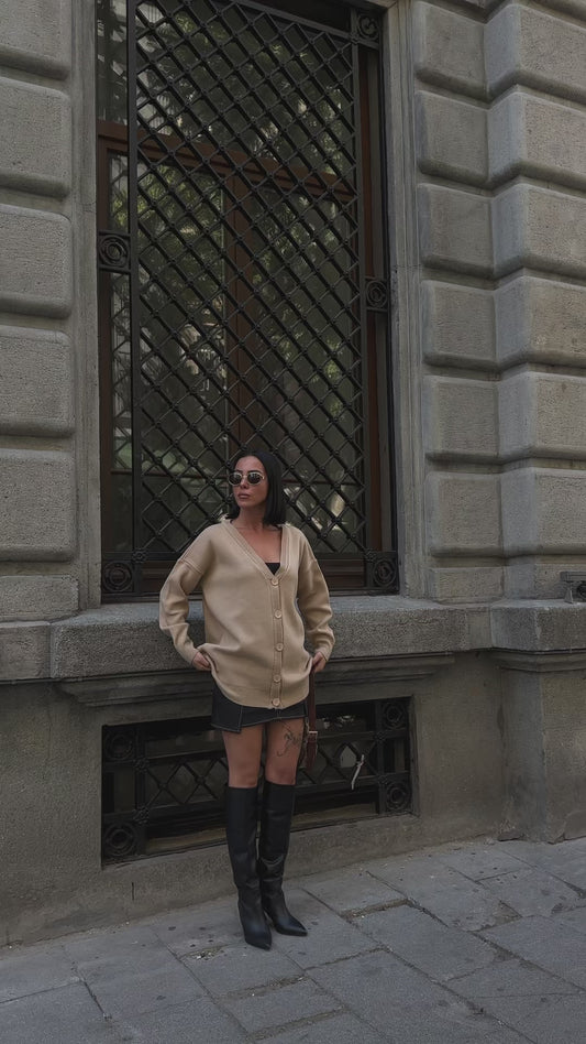 Beige Button-Up Knit Cardigan