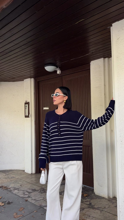 Navy Striped Knit Sweater, Oversized Acrylic Button-Up Pullover